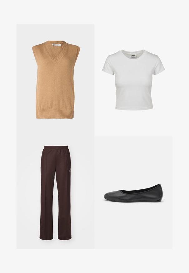 V-ringad, ärmlös tröja i mjukt kamelfärgat garn med ribbad fåll, tillverkad av fina material. Enkelt design utan ytterligare mönster eller detaljer.; Vit bomullströja med klassisk rund hals, korta ärmar och en åtsittande passform. Inga mönster eller detaljer synliga.; Bruna träningsbyxor med resårmidja, två sidofickor och en liten logotyp på vänster sida, tillverkade av ett mjukt tyg.; Svart läderballerinaskor med rund tå, slät yta, minimala söm detaljer och en flexibel sula.
