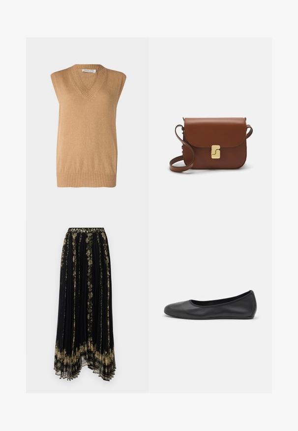 V-hals, ærmeløs sweater i blødt kamelfarvet strik med ribbet kant, lavet af fine materialer. Simpelt design uden yderligere mønstre eller accenter.; Hvid kortærmet t-shirt lavet af ribbet stof. Rund halsudskæring, almindelig pasform og subtile syninger. Ingen mønstre eller grafik.; Sorte plisseret nederdel med blomsterbroderi i guld- og grøntoner, der har en dekorativ talje og en flydende, asymmetrisk kant.; Sort læderballetsko med rund tå, glat tekstur, minimal syning og et fleksibelt såldesign.; Brun læder håndtaske med flaplukning, hardware i gyldent tone, en skulderrem og en glat overflade. Kompakt rektangulær form.