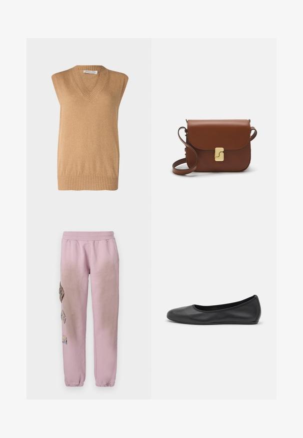 V-pääntie, hihaton neule pehmeää kamelin väristä neulosta, jossa on vaaleat kaistaleet, valmistettu hienoista materiaaleista. Yksinkertainen muotoilu ilman lisäkuvioita tai yksityiskohtia.; Valkoinen lyhythihainen t-paita, joka on valmistettu ribbytedusta kankaasta. Pyöreä pääntiie, normaali istuvuus ja hienovaraiset ompeluyksityiskohdat. Ei kuvioita tai grafiikkaa.; Vaaleanpunaiset hikoiluhousut, joissa on joustava vyötärö, ja vasemmalla puolella koristeellisia timantinmuotoisia alueita, sekä joustavat hihnat nilkoissa.; Musta nahkainen ballerina, jossa on pyöristetty kärki, sileä pinta, minimaalinen ommelkoristelu ja joustava pohjamuotoilu.; Ruskea nahkainen käsilaukku, jossa on läppäkiinnitys, kultasävyiset yksityiskohdat, olkahihna ja sileä pinta. Kompaktin suorakaiteen muotoinen.