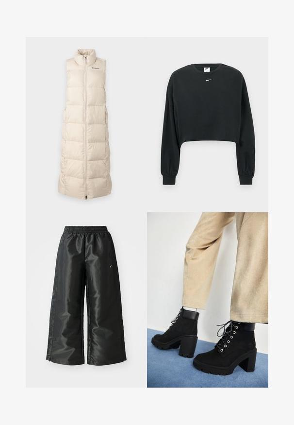 Beige, ermeløs quiltet vest med høy krage, glidelås, og diskret logo-detalj på brystet. Lett design.; Svart kort genser laget av bomullsblanding, med lange ermer, ribbestrikkede mansjetter og en liten hvit Nike-logo på brystet.; Svarte treningsbukser med en blank, glatt stoff, som har et elastisk liv, vide ben og en liten logo på venstre side.; Svart semsket ankelstøvler med kraftig hæl, rund tå og sølvøyler, med en matt svart skinnkrage og teksturert såle.
