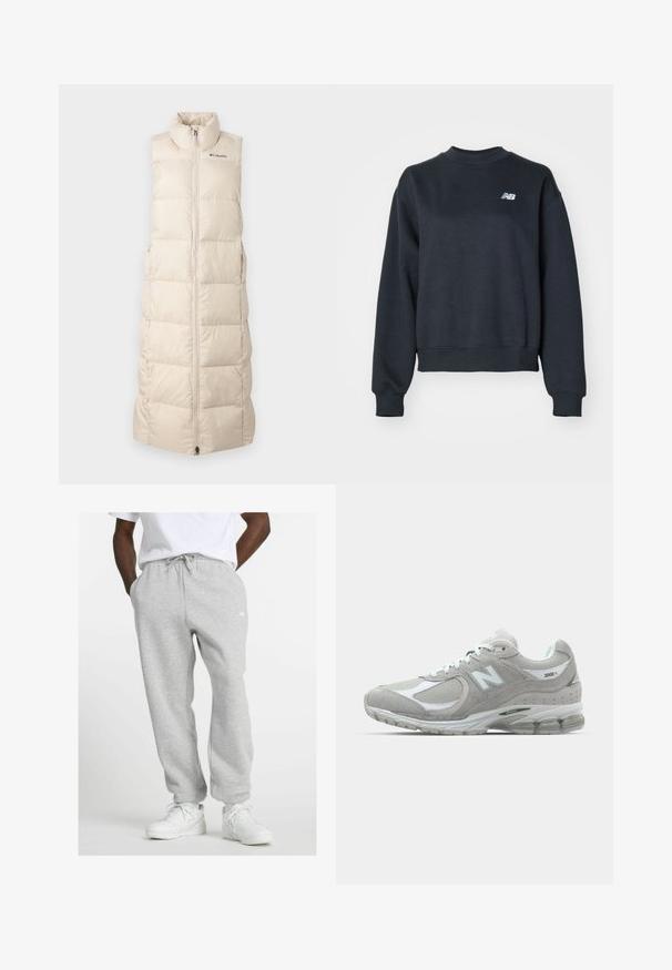 Beige, ermeløs quiltet vest med høy krage, glidelås, og diskret logo-detalj på brystet. Lett design.; Mørkegrå genser med rund hals laget av en bomullsmiks. Har ribbestrikket krage og mansjetter, med en liten hvit logo på brystet.; Mann iført lysegrå joggebukser med snor og hvite sneakers, stående med hendene i lomma på en hvit bakgrunn.; Lysegrå New Balance 2002R sneakers har en overdel i semsket skinn og mesh, hvite detaljer, polstret såle og synlig dempingsteknologi.
