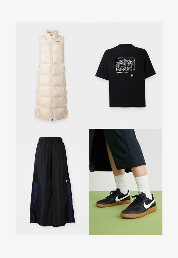Béžová, bezrukávová puffrová vesta s vysokým golierom, zipsom, prešívanou textúrou a diskrétnym logom na hrudi. Ľahká konštrukcia.; Čierne tričko z bavlny s krátkymi rukávmi. Na prednej strane má biely grafický motív pavučiny a logo. Jednoduchý zaoblený výstrih.; Čierne voľné nohavice vyrobené z ľahkého materiálu, s námorníckym modrým postranným panelom a elastickým pásom. Malé biele logo na spodnej časti.; Čierne kožené a syntetické tenisky so bielym logom Nike, gumenou podrážkou, okrúhlou špičkou a čiernymi šnúrkami. Viditeľné biele pruhované ponožky.