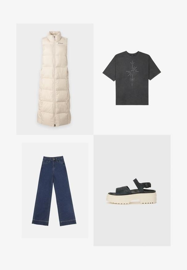 Beige, ilman hihoja oleva puffatakki korkean kauluksen, vetoketjukiinnityksen, väliseulonnan ja hienovaraisen logotunnisteen kanssa rinnassa. Kevyt malli.; Musta harmaa ylisuurennettu t-paita, joka on valmistettu puuvillasta ja jossa on keskellä aurinkokuvio, jossa on monimutkaisia viivadetaileja painettuna etupuolelle.; Vyötäröltä leveät farkut tummansinisestä denimmateriaalista. Varustettu viidellä taskulla, vyölenkeillä ja näkyvillä sauman yksityiskohdilla. Raaka helma alareunassa.; Mustat mokkasiinipohjaiset platform-sandaalit, joissa on chunky-valkoinen pohja, leveä etuolka ja säädettävä nilkkaropustus. Teksturoitu ulkopohja takaa pidon.