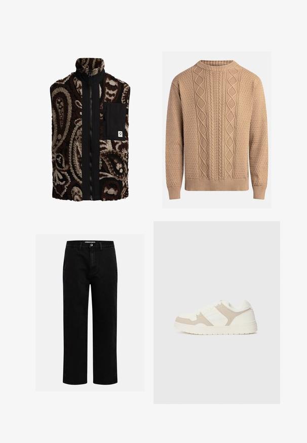 Fleecinė liemenė su paisley raštu rudu ir smėlio spalvų, juoda medžiaga priekyje, aukšta apykakle, užtrauktuko uždarymu ir krūtine kišene.; Bežinė megzta palaidinė su tekstūruotais raštais. Yra apvalus iškirpimas, smulkiai raizgotos rankovės ir įvairūs kabeliniai raštai priekyje.; Juodi džinsai su tiesiu kirpimu, klasikinio penkių kišenių dizainu ir mygtuko užsegimu juosmens zonoje. Lygus tekstūras ir patvari medžiaga.; Baltos ir smėlio spalvos sportbačiai, turintys sklandžių ir zomšinių tekstūrų derinį, apvalūs pirštai, su raištelių užsegimu ir plokščiu guminio pado dizainu.