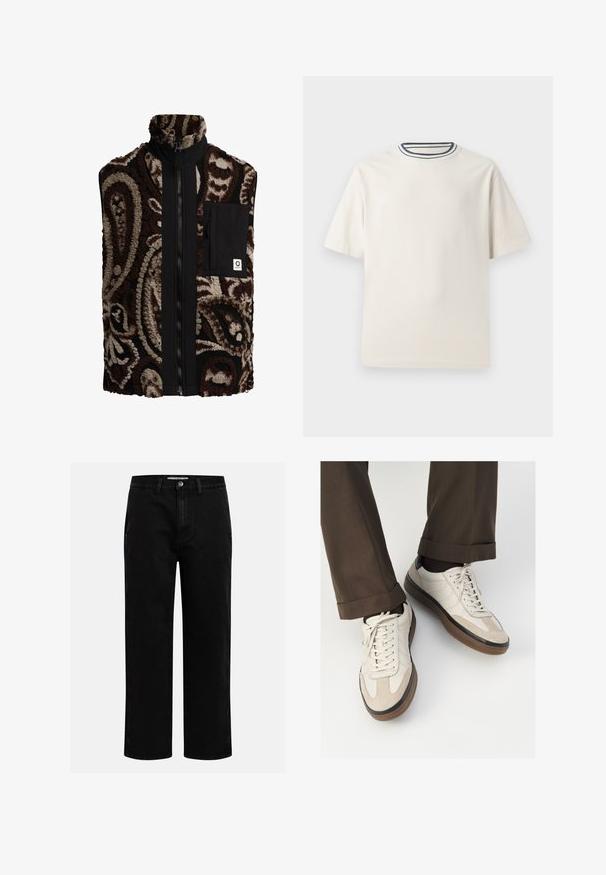 Fleece-Weste mit Paisleymuster in Braun und Beige, schwarzer Stofffront, hohem Kragen, Reißverschluss und einer Brusttasche.; Cremefarbendes Baumwoll-T-Shirt mit kurzen Ärmeln, das über einen runden Halsauschnitt mit navy- und weißen Streifen verfügt. Glatte Textur, lässige Passform.; Schwarze Jeanshose mit geradem Schnitt, klassischem Fünf-Taschen-Design und einem Knopfverschluss an der Taille. Glatte Textur und strapazierfähiger Stoff.; Beige Sneakers mit einer strukturierten Wildlederfront, glatten Lederseiten und einer braunen Gummisohle. Bändel und helle Nähdetails sind enthalten.