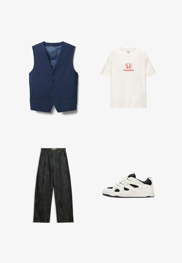 Marinblaues Weste mit V-Ausschnitt, sechs Knopf-Frontverschluss, zwei Seitentaschen und glattem Innenfutter. Hergestellt aus einem strukturierten Stoff.; Weißes Baumwoll-T-Shirt mit kurzen Ärmeln. Es verfügt über ein rotes "HONDA"-Logo über einem rechteckigen Emblem in der Mitte. Einfaches, klassisches Design.; Dunkelblaue Jeans mit lockerer Passform, mit subtiler vertikaler Struktur, gelben Nähten, fünf Taschen und klassischem Knopfverschluss.; Weiß-schwarze Sportschuhe mit einer strukturierten Sohle, die auf der Seite ausgeschnittene Designs und Schnürsenkel aufweisen, sowie eine gepolsterte Ferse für Unterstützung.