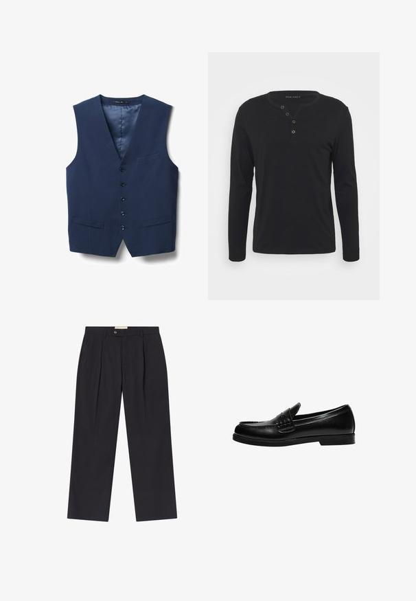 Marinblaues Weste mit V-Ausschnitt, sechs Knopf-Frontverschluss, zwei Seitentaschen und glattem Innenfutter. Hergestellt aus einem strukturierten Stoff.; Schwarzes Langarm-Henley-Shirt aus weichem Stoff, mit knöpfbarer Leiste, rundem Ausschnitt und enganliegenden Ärmeln.; Maßgeschneiderte dunkelblaue Stoffhosen mit hoher Taille, zwei frontalen Falten, Knopfverschluss und geraden Beinen aus glattem Material.; Schwarze Lederloafer mit glatter Oberfläche, ausgestattet mit einer Nahtverzierung an der Vorderkappe und einer niedrigen, durchgehenden Gummisohle in Schwarz.