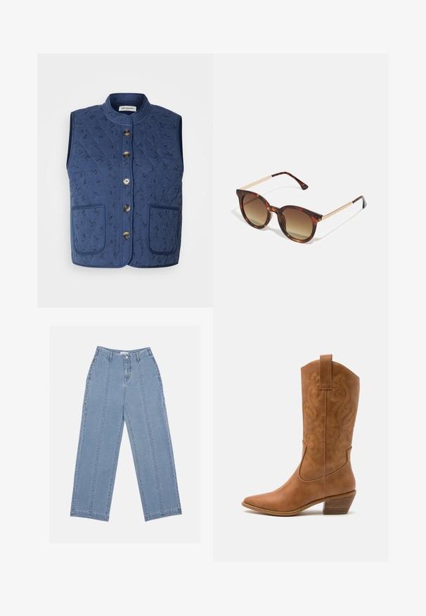 Lollys Laundry VEST - Liemenė - blue; Balta medvilnės marškinėliai be rankovių su plačiu kaklu ir plonomis petnešėlėmis. Lygus paviršius be matomų raštų ar papuošimų.; Šviesiai mėlynos plačios kojų džinsai, pagaminti iš denimo. Turi aukštą liemenį, mygtukų užsegimą ir matomą siuvimą. Priekyje nematyti kišenių.; Ruda odinė kantri batai su smailiu būtų pirštu, siuvinėtais spiralės raštais ant viršaus ir su kamščiu blokuotu kulnu. Yra tamprių užtraukių, kad būtų lengviau užsidėti.; Kepurinės akys su gradientiniais rudais lęšiais, apvalios formos, ir auksinės spalvos metaliniais akcentais ant šventinių.