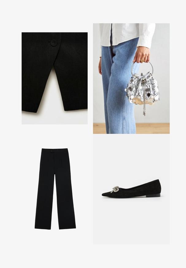 Čierny kabát z vlnenej zmesi s jedným okrúhlym gombíkom a ostrým, šikmým lemom, s hladkou textúrou a čistými líniami.; Čierny top bez rukávov vyrobený z zamatového materiálu, s vysokým golierom a ozdobným uzlom na dekolte. Hladká textúra a jednoduchý dizajn.; Čierne široké nohavice vyrobené z hladkej tkaniny, s predným zapínaním na gombík a dvoma záhybmi pre vylepšenie detailu. Celkový strih je prispôsobený.; Čierne nubukové baleríny s špicatou špičkou, ozdobené dekoratívnou striebornou mašľou vpredu, s nízkym opätkom.; Strieborná taška s flitrami vo forme vedra s okrúhlou kovovou rúčkou; obsahuje sťahovanie na šnúrku a reťazové detaily, umiestnená na svetlom denime a bielej látke.