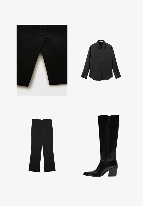 Črn plašč iz volnene mešanice s posameznim krožnim gumbom in ostrim, nagnjenim robom, z gladko teksturo in čistimi linijami.; Črna majica z dolgimi rokavi iz gladkega materiala, z klasičnim ovratnikom, sprednjim zapiranjem na gumbe z zlatimi gumbi in širokimi manšetami.; Črne hlače ravnega kroja z naglavnimi žepi in stranskimi razporki na robu. Narejene iz mehke, gladke tkanine. Primerne za različne priložnosti.; Črne gležnjarje do kolen iz gladkega usnja, z ostrim nosom, blokinim peto in V-oblikovanim izrezom na vrhu.