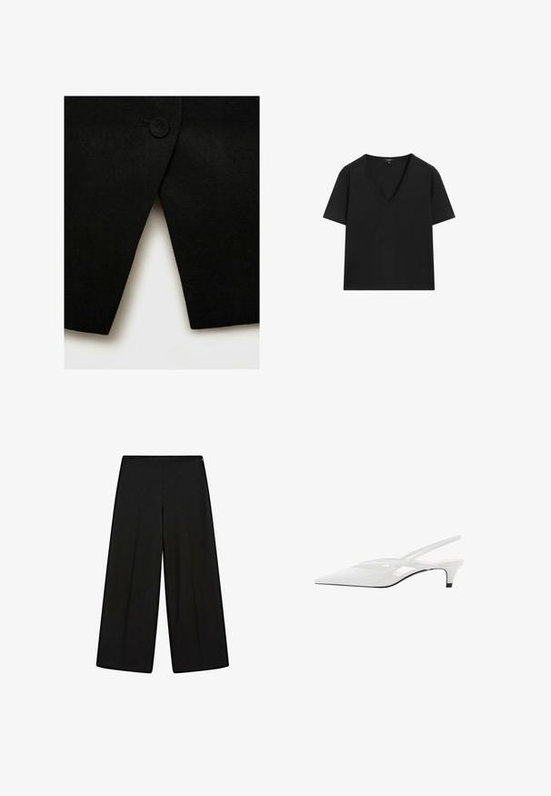 Schwarzer Wollmischungs-Mantel mit einem einzelnen runden Knopf und einem scharfen, schrägen Saum, mit einer glatten Textur und klaren Linien.; Schwarzes kurzärmeliges V-Ausschnitt-T-Shirt mit einem schlichten, taillierten Design auf einem weißen Hintergrund.; Schwarze, weit geschnittene Hosen aus weichem Stoff, mit hohem Bund und Falten, die eine glatte Textur und keine sichtbaren Verzierungen aufweisen.; Weißer Slingback-Absatzschuh mit spitzer Zehenpartie, featuring ein glattes Obermaterial, subtile Ausschnitte und einen niedrigen Blockabsatz. Die schwarze Sohle betont das Design.