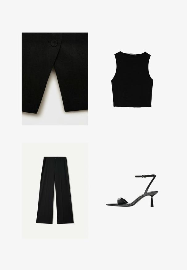 Schwarzer Wollmischungs-Mantel mit einem einzelnen runden Knopf und einem scharfen, schrägen Saum, mit einer glatten Textur und klaren Linien.; Schwarzes ärmelloses Crop-Top aus glattem Stoff, mit rundem Ausschnitt und einem klaren, schlichten Design ohne Muster oder Beschläge.; Bershka WIDE - Stoffhose - black; Bershka High Heel Sandalette - black