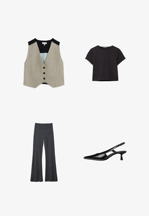 Beige Weste mit gepunktetem Muster, schwarzem Besatz und einem hellblauen Futter. Verfügt über vier schwarze Knöpfe auf der Vorderseite und hat eine taillierte Form.; Schwarzes kurzärmliges Crop-Top aus weichem Stoff, mit rundem Halsausschnitt und einem lässigen Schnitt mit einem sauberen Saum.; Schwarze, ausgestellte Hose aus dehnbarem Stoff. Verfügt über einen breiten Bund und eine glatte Textur, die für Komfort und Bewegungsfreiheit sorgt.; Schwarze Lackleder-Slingback-High Heels mit spitzer Zehenform, ausgeschnittenem Seitendesign und kleinem Blockabsatz. Glatte Textur mit minimalen Akzenten.