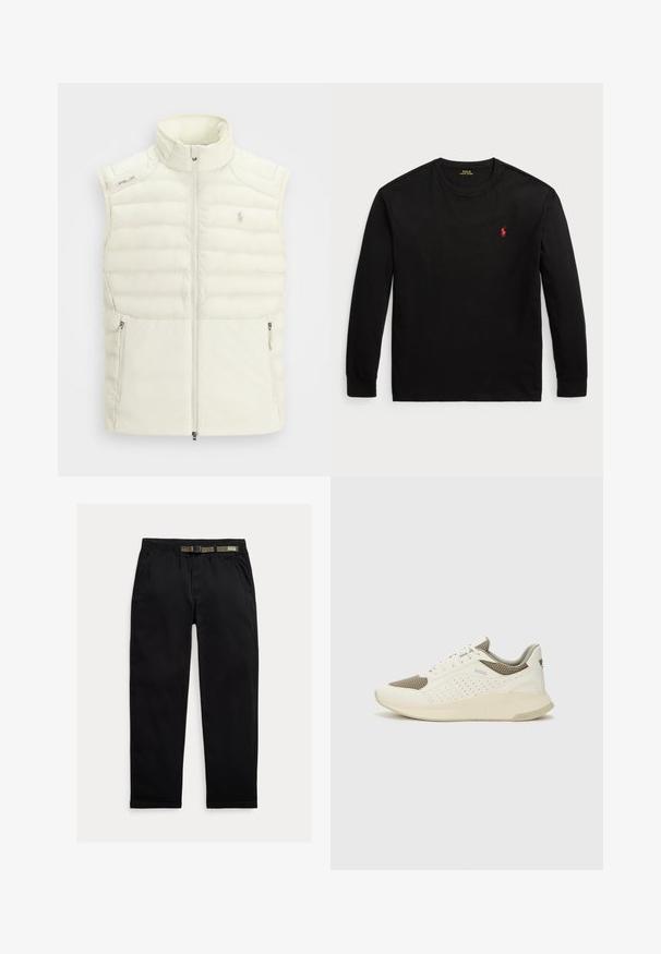 Colete puffer branco com colarinho alto, fecho éclair na frente, bolsos laterais e um design acolchoado subtil; apresenta um pequeno logótipo no peito.; Camisola de manga longa preta feita de algodão. Apresenta um colarinho redondo, punhos canelados e um pequeno logo bordado vermelho no peito. Textura suave.; Calças pretas feitas de um tecido leve, com uma cintura elástica com um cinto verde integrado, corte reto e bolsos laterais.; Sapatilha atlética branca e bege claro, com parte superior em malha, detalhes perfurados e uma entressola texturizada com marcação no calcanhar.