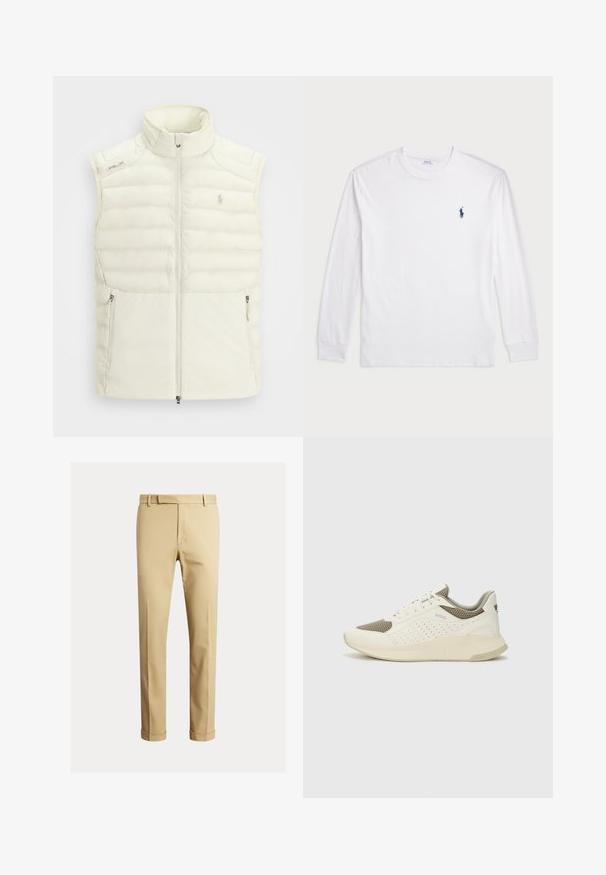 Hvit puffervest med høy krage, glidelås foran, sidelommer og subtil quiltet design; har en liten logo på brystet.; Hvit langermet T-skjorte laget av bomull. Har rund hals, ribbestrikkede mansjetter, og en liten marineblå polo-logo på venstre bryst.; Kaki chinos laget av glatt bomullsstoff, med en tettsittende design, frontplisseringer og mansjetter ved ankelen for en smalere look.; Hvit og lysebeige treningssko, med en mesh-overdel, perforerte detaljer og en teksturert mellomsåle med merkevare på hælen.
