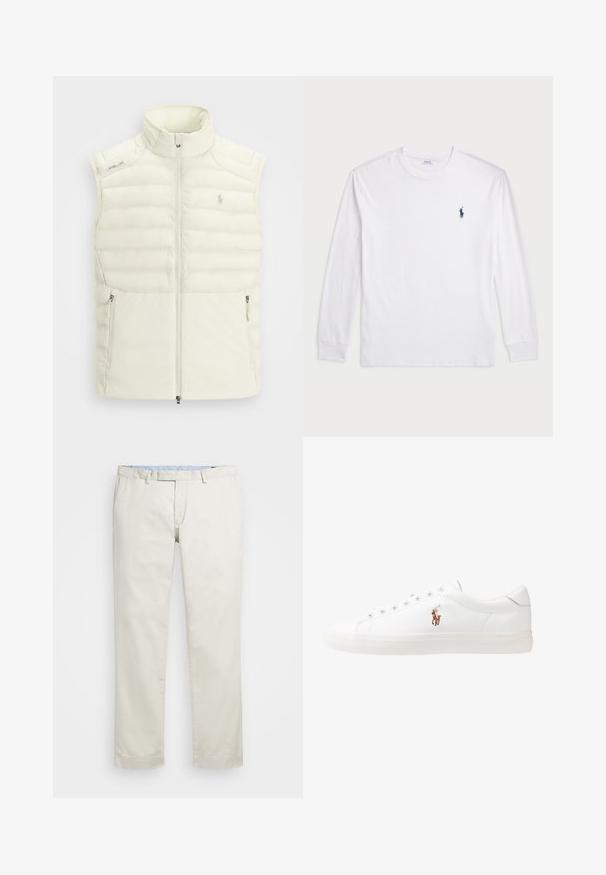 Λευκό γιλέκο με ψηλό γιακά, μπροστινό φερμουάρ, πλαϊνές τσέπες και διακριτό σχέδιο καπιτονέ. Διαθέτει και ένα μικρό λογότυπο στο στήθος.; Λευκό μπλουζάκι μακρυμάνικο από βαμβάκι. Διαθέτει στρογγυλή λαιμόκοψη, ριμπ μανσέτες και μικρό λογότυπο στη ναυτική μπλε απόχρωση στην αριστερή πλευρά του στήθους.; Μπεζ βαμβακερές chinos με επίπεδο μπροστινό μέρος, θηλιές ζώνης και πλάγιες τσέπες. Σχεδίαση ίσιων ποδιών με μαλακή υφή και ελαφριά, αναπνεύσιμη αίσθηση.; Λευκά δερμάτινα sneakers, χαμηλού σχεδιασμού, με απαλή υφή, στρογγυλή μύτη, δέσιμο μπροστά και μικρό κεντημένο λογότυπο στο πλάι.