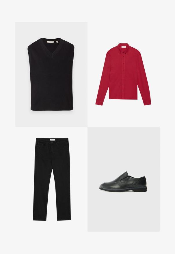 Juodas griovelinis megztinis be rankovių su V formos apykakle, pažymėtas "ONLY & SONS", padėtas plokščiai ant balto fono.; Raudona ilga rankovė marškiniai, pagaminti iš medvilnės. Yra klasikinė apykaklė, priekiniai mygtukai ir rankogaliai su lygia tekstūra. Nėra raštų ar akcentų.; Juodos tiesios kojų džinsai su penkių kišenių dizainu, mygtuko ir užtrauktuko uždarymu bei "Pier One" prekės ženklo etikete ant juosmens.; Juodai odiniai įtvirtinimo batai su lygiu paviršiumi, siuvinėjimo akcentais, apvalia nosimi ir žemu guminiu kulnu. Pado raštas minimalus.