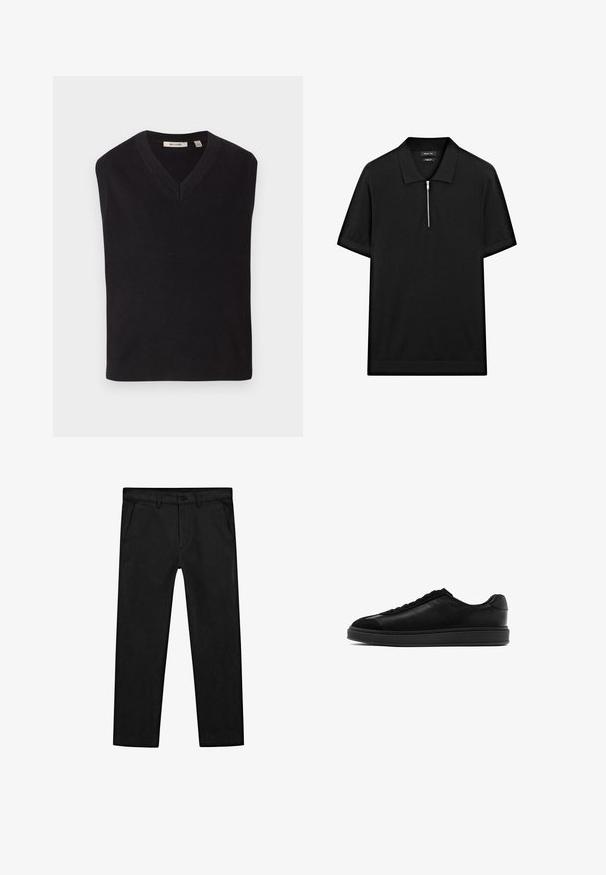 Schwarzer, gerippter, ärmelloser Strickpullover mit V-Ausschnitt, etikettiert "ONLY & SONS", flach auf weißem Hintergrund ausgelegt.; Schwarzes kurzärmliges Poloshirt mit Stehkragen und einem Reißverschluss vorne. Hergestellt aus einem glatten Stoff mit einem klaren, minimalistischen Design.; Schwarze Baumwollhose mit geradem Bein, Vorderentaschen sowie klassischem Knopfverschluss und Reißverschluss. Glatte Textur, maßgeschneiderte Passform.; Schwarze Ledersneaker mit glatter Oberfläche, runder Zehenpartie, Schnürung vorne und einer kontrastierenden strukturierten Lasche. Dicke schwarze Gummisohle.