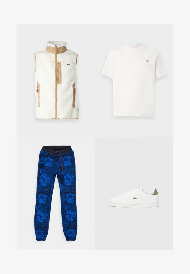 Lacoste Vest - flour/viennese; Hvit bomull t-skjorte med korte ermer, med en subtil broderi-logo og minimalistisk design. Myk tekstur, rund hals.; Blå fleece joggebukser med blomsterdesign, med svart elastisk midjebånd og snøring. Tekstilet har elastiske mansjetter ved ankler.; Hvite joggesko med en glatt tekstur, med en grønn detalj på hælen og en liten brodert krokodillelogo på siden.