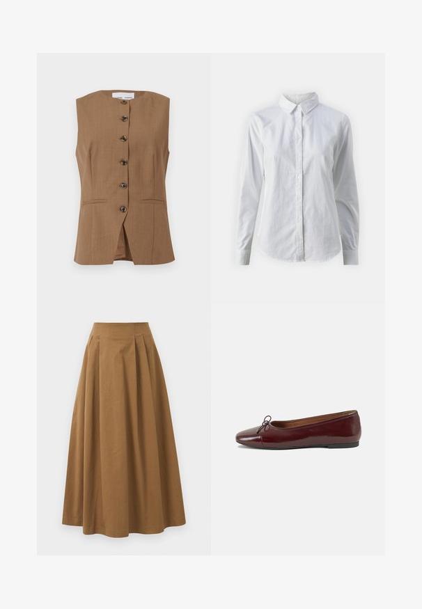 Rudas be rankovių liemenė su aukšta apykakle, šešiais tamsiais mygtukais priekyje ir dviem įstrižais kišenėmis. Lygi, tekstūruota medžiaga.; Balta marškinėliai su mygtukais, pagaminti iš lygios medvilnės, su klasikiniais apykaklės, ilgomis rankovėmis ir lenktu kraštu. Mygtukai maži ir balti.; Ruda medvilninė A formos sijonas su aukštu liemeniu, puikuojantis klostėmis priekyje ir lygia tekstūra. Apdailos kraštai yra švarūs ir paprasti.; Bordo lakiotos odos baleto bateliai su apvalia nosimi, maža kaspinėlio akcentu priekyje ir žema juoda guma padanga. Lygi tekstūra.