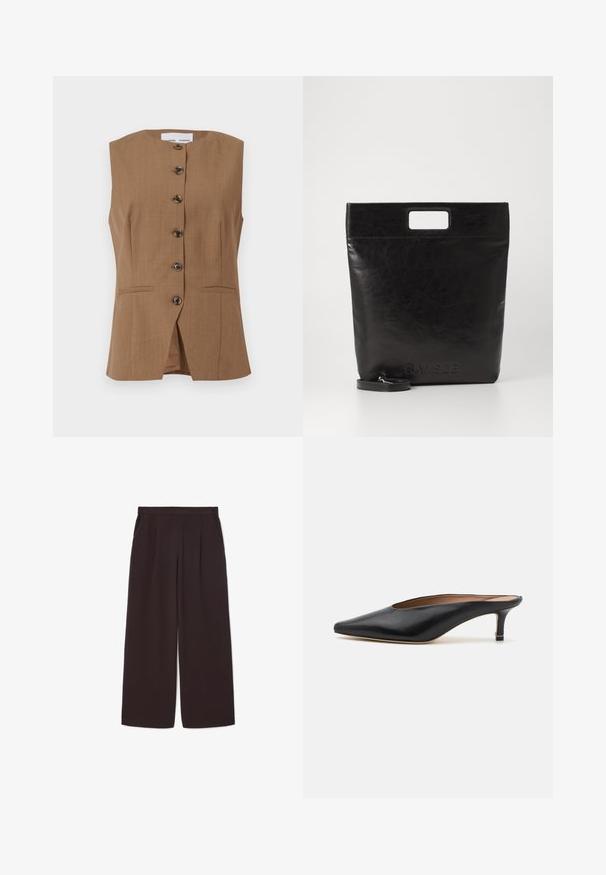 Vesta maro fără mâneci, cu un decolteu înalt, șase butoane negre pe față și două buzunare înclinate. Material neted, texturat.; Cămașă albă cu mânecă lungă și guler, fabricată din bumbac. Are un închidere cu băta pe față și un singur buzunar pe piept. Textură netedă, croială lejeră.; Pantaloni largi de culoare maro închis, dintr-un material ușor, cu talie înaltă, plisse și două buzunare laterale, având un tiv elastic.; Mule-uri negre din piele cu vârf ascuțit și tocul mic, pătrat. Textură netedă cu un design elegant. Spate deschis cu detalii minime.; Geantă tote din piele neagră, cu un mâner pătrat, având un finisaj texturat și un logo embosat. Include o curea detasabilă.