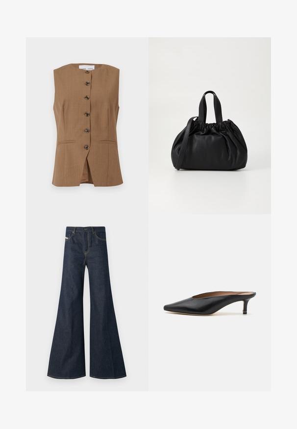 Bruine mouwloze vest met een hoge halslijn, zes donkere knopen aan de voorkant en twee schuine zakken. Gladde, gestructureerde stof.; Witte lange mouwen overhemd met kraag van katoen. Voorzien van een knoopsluiting aan de voorkant en een enkele borstzak. Een gladde textuur en een ontspannen pasvorm.; Donkerblauwe flared jeans van denim, met een hoge taille, gouden stiksels en twee voorzakken met een knoopsluiting.; Zwarte leren muiltjes met een puntige neus en een lage, blokhak. Glad oppervlak met een gestroomlijnd ontwerp. Open achterkant met minimale details.; Zwarte leren handtas met een geplooid ontwerp aan de bovenkant, voorzien van twee korte handvatten en een lange verstelbare schouderband. Gladde textuur, ronde vorm.
