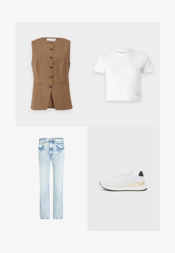 Gilet sans manches marron avec un col haut, six boutons foncés sur le devant et deux poches inclinées. Tissu lisse et texturé.; T-shirt blanc court en coton lisse, avec un col haut et des manches courtes. Petit logo brodé dans le coin inférieur.; Jeans en denim bleu clair avec un design à jambe droite, cinq poches et une texture délavée. Présente des coutures visibles et une fermeture à bouton classique.; Baskets blanches au fini lisse, avec un accent noir au niveau du talon et un détail métallique doré sur la semelle intermédiaire. Design à lacets, semelle en caoutchouc.