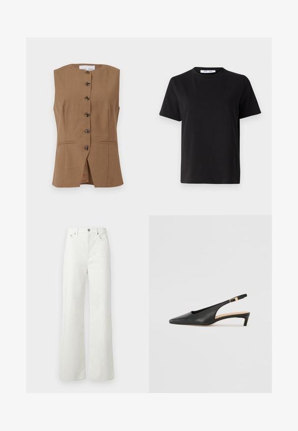 Rjava brezrokavnik z visokim ovratnikom, šestimi temnimi gumbi spredaj in dvema poševnima žepoma. Gladka, teksturirana tkanina.; Črna majica s kratkimi rokavi iz mehkega bombaža, ki ima okroglo izrezovanje, udoben kroj in gladko teksturo. Brez vidnih vzorcev ali grafike.; Samsøe Samsøe SHELLY - Široke kavbojke - clear cream; Črne usnjene slingback pete s koničastim nosom, nizko peto in nastavljivim gležnenim trakom, ki ima zaponko z zlatim odtenkom. Gladka tekstura.