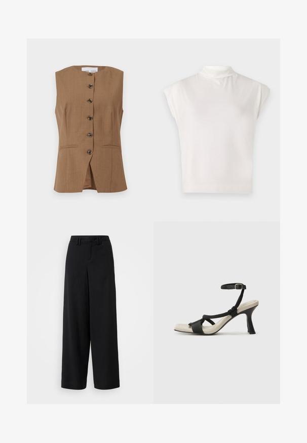Bruine mouwloze vest met een hoge halslijn, zes donkere knopen aan de voorkant en twee schuine zakken. Gladde, gestructureerde stof.; Witte mouwloze coltrui gemaakt van zacht materiaal, met een gestructureerd ontwerp, een gladde textuur en subtiele geribbelde zoomdetails.; Zwarte wijde broek van gladde stof, met een flat-front ontwerp, geplooide details en riemlussen in de tailleband.; Zwarte hoge hak sandaal met een gevlochten bandontwerp, vierkante teen en verstelbare enkelband. Lichtbeige voetbed met een glanzende zwarte hak.
