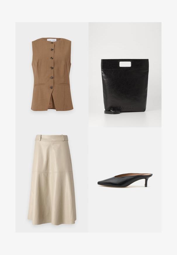 Gilet sans manches marron avec un col haut, six boutons foncés sur le devant et deux poches inclinées. Tissu lisse et texturé.; Débardeur noir à fines bretelles, en tissu côtelé, avec une coupe droite et une étiquette au niveau du col indiquant "IVY OAK."; Jupe midi en cuir beige avec une texture lisse, une large taille et un ourlet évasé ; présente des coutures piquées pour un détail supplémentaire.; Mules en cuir noir avec un bout pointu et un petit talon carré. Texture lisse avec un design épuré. Dos ouvert avec un minimum de détails.; Sac fourre-tout en cuir noir avec une poignée carrée, arborant une finition texturée et un logo en relief. Comprend une bandoulière amovible.