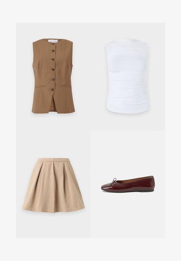 Brown sleeveless vest with a high neckline, six dark buttons down the front, and two angled pockets. Smooth, textured fabric.; White sleeveless top made of smooth, stretchy fabric with gathered details along the sides, featuring a round neckline and a fitted silhouette.; Tan pleated skirt made of textured fabric, featuring a fitted waistband and a flared design that extends to mid-thigh length.; Burgundy patent leather ballet flat with a rounded toe, small bow accent at the front, and a low, black rubber sole. Smooth texture.