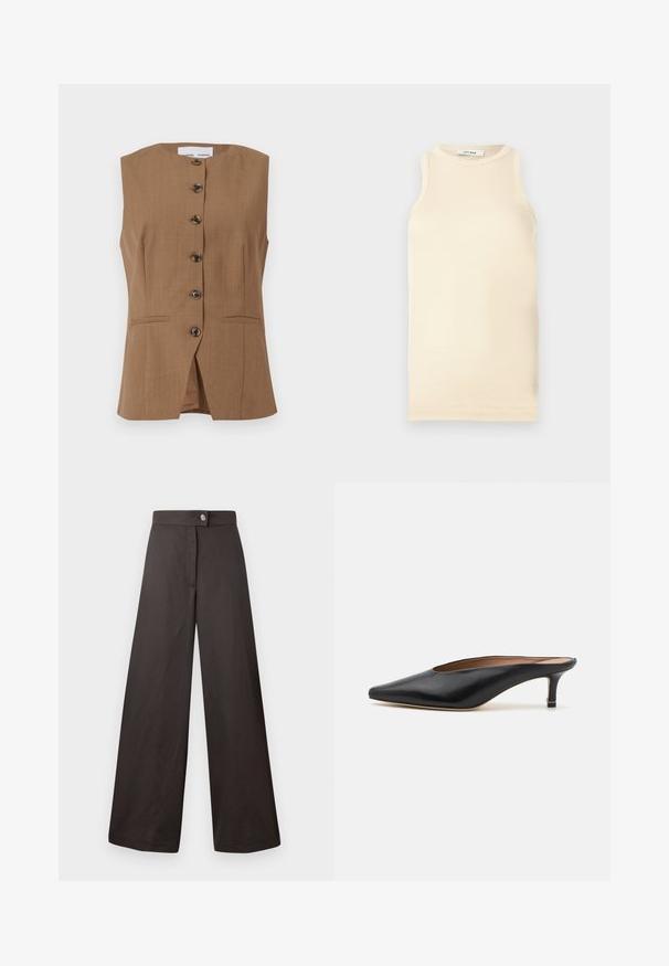 Bruine mouwloze vest met een hoge halslijn, zes donkere knopen aan de voorkant en twee schuine zakken. Gladde, gestructureerde stof.; Lichtbeige mouwloze top van ribstof, met een ronde halslijn en een fitted ontwerp. Glad oppervlak met minimale naden.; Zwarte wijde broek met een gladde textuur, voorzien van een knoopsluiting aan de voorkant en een strakke, eenvoudige uitstraling. Geen patronen of accenten zichtbaar.; Zwarte leren muiltjes met een puntige neus en een lage, blokhak. Glad oppervlak met een gestroomlijnd ontwerp. Open achterkant met minimale details.