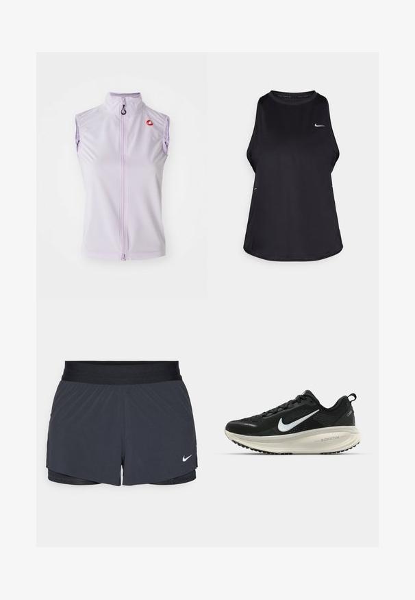 Lila bezrukávová cyklistická vesta s vysokým golierom a predným zipsom. Obsahuje malé červené logo na hrudi a hladký, elastický materiál.; Čierny bezrukávový bežecký top vyrobený z ľahkého materiálu s okrúhlym výstrihom; obsahuje diskrétne logo a bočné rozparky pre lepšiu priedušnosť.; Čierne športové šortky s elastickým pásom, ktoré majú vrstvený dizajn a malú bielu aplikáciu loga Nike v dolnom ľavom rohu. Ľahký materiál.; Čierne bežecké topánky Nike s priedušnou sieťovinou, bielym logom s symbolom swoosh, textúrovanými detailmi a krémovou ZoomX medzipodrážkou.