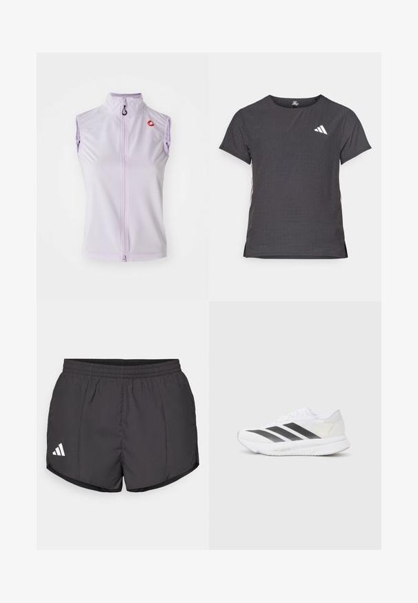 Lila bezrukavna biciklistička prsluk s visokim ovratnikom i prednjim patentnim zatvaračem. Sadrži mali crveni logo na prsima i glatku, rastezljivu tkaninu.; Majica kratkih rukava za sport, tamno siva s perforiranim uzorkom. Ima bijeli logo i kontrastne bočne pruge. Zaobljeni izrez.; Crne atletske kratke hlače od laganog materijala, s elastičnim pojasom i bijelim Adidas logotipom na donjoj lijevoj strani.; Bijela atletska cipela s crnim dijagonalnim trakama, mrežastim gornjim dijelom, zaobljenim prstom i teksturiranim potplatom. Akcenti uključuju srebrnu petu i minimalistički dizajn.