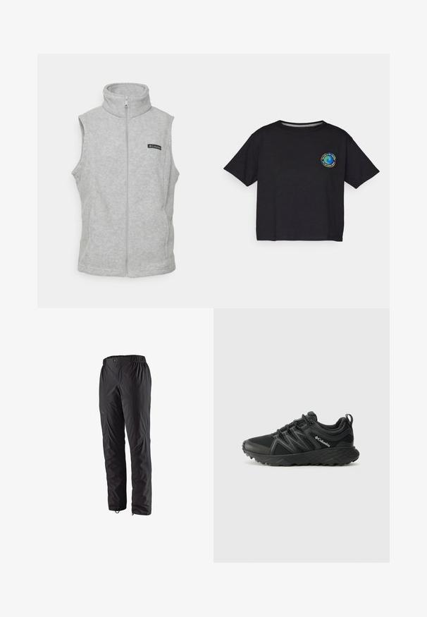 Szürke bolyhos mellény magas gallérral, teljes cipzárral és ujjatlan kialakítással. A mellkason egy kis fekete címke található. Puha tapintású.; Fekete pamut rövid ujjú póló, melynek mellkasán egy kör alakú, színes logó található. Egyenes alj és laza szabás jellemzi.; Fekete vízálló nadrág rugalmas derékkal, oldalsó cipzáras zsebekkel, tapered szabással és sima felülettel. Kiválóan alkalmas szabadtéri tevékenységekhez.; Columbia PEAKFREAK - Túracipők - black