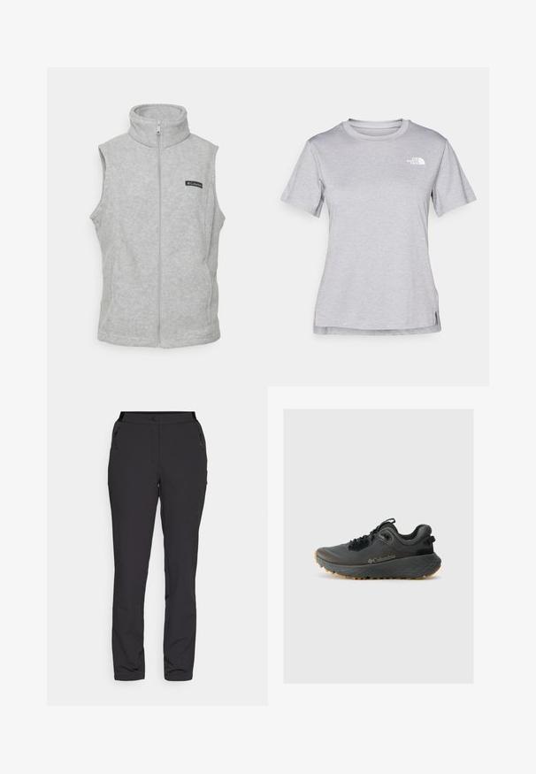 Gray fleece vest with a high collar, full zipper, and no sleeves. Features a small black label on the chest. Soft texture.; Grey short-sleeve t-shirt made of soft, moisture-wicking fabric. Features a crew neck and a small white logo on the upper left.; Black outdoor pants, made of lightweight fabric, feature a straight leg design, zippered side pockets, and an adjustable waistband.; Columbia TERRASTRIDE CRZ - Hiking shoes - shark/black