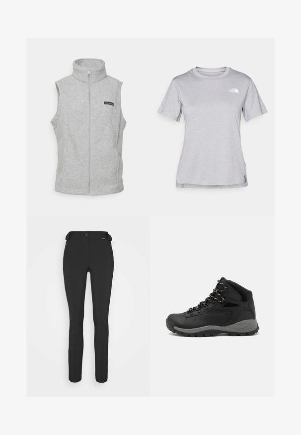 Colete cinza em polar com um colarinho alto, zíper completo e sem mangas. Apresenta um pequeno rótulo preto no peito. Textura suave.; T-shirt cinza de mangas curtas feito de um tecido suave e que absorve a humidade. Apresenta um decote redondo e um pequeno logotipo branco na parte superior esquerda.; Calças pretas, ajustadas, feitas de um material flexível. As características incluem um bolso lateral com fecho éclair, joelhos articulados e uma textura suave.; Bota de caminhada preta com design de cano médio, apresentando um upper texturizado, detalhes cinzentos e sola de borracha durável com cravos de tração.
