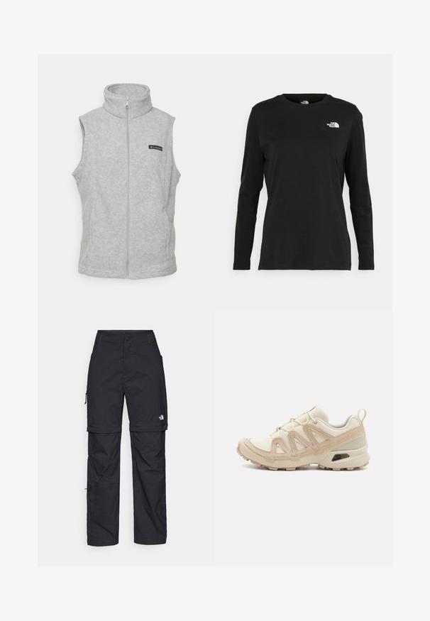 Pilkas fliso liemenė su aukštu apykakle, visiškai užtraukiama ir be rankovių. Ant krūtinės yra mažas juodas etiketas. Minkšta tekstūra.; Juodas ilgomis rankovėmis medvilninis marškinėliai su apvali apykakle. Savybė - mažas baltas logotipas kairėje krūtinės pusėje. Paprastas dizainas ir pritaikymas.; Juodos nailoninės krovinių kelnės su reguliuojamais rankovėmis, daugybe kišenių ir logo ant dešinės kojos. Lygi, lengva tekstūra.; Bežinės ir kreminės spalvos sportinės bateliai su tekstūruoto tinklelio viršutine dalimi, palaikančiomis detalėmis ir guminiais padais, turinčiais raštą, užtikrinantį sukibimą.