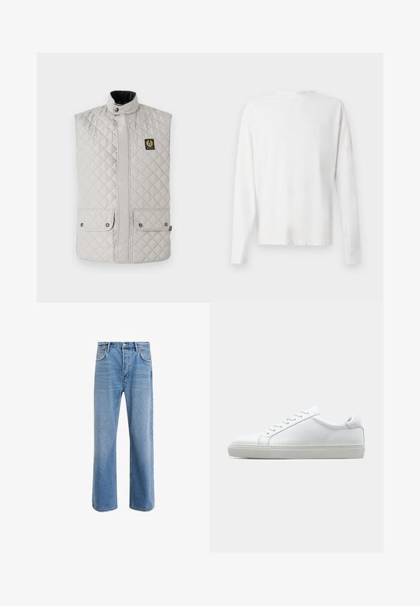 Colete acolchoado em cinza claro, com fechos de pressão e zíper, gola alta e dois bolsos frontais com abas de pressão; logo em patch no peito.; Camisa de algodão branca de mangas longas com decote redondo, fendas laterais na parte inferior e uma textura suave, mostrada de trás.; Calças de ganga azul claro com um design de perna reta, cinco bolsos, fecho de botão, desgaste mínimo e detalhes de costura em contraste.; Sapatilha branca com um cabedal em couro liso e de perfil baixo. Apresenta um bico redondo, seis ilhoses e uma sola de borracha texturizada.