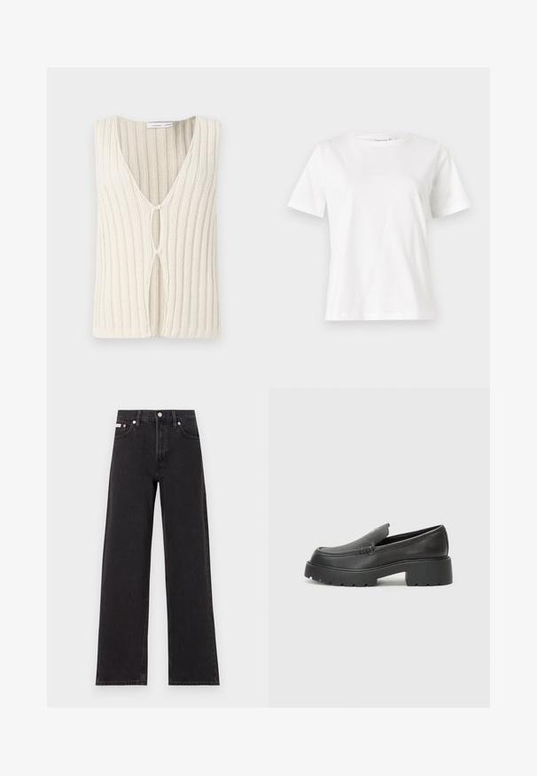 Knitted vest in cream, featuring a V-neckline and ribbed texture. Notable cut-out detail at the front adds design interest.; White cotton t-shirt with short sleeves, round neckline, and a relaxed fit. Smooth texture, no patterns or accents, minimalistic design.; Black wide-leg jeans made of denim, featuring a high-rise waist, five-pocket styling, and a metal button closure with contrasting stitching.; Black leather loafers with a rounded toe, thick textured sole, and minimal stitching details. Sleek design with no visible laces or hardware.