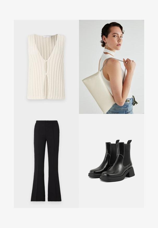 Pleteni prsluk u krem boji, s V-izrezom i rebrastom teksturom. Značajan izrez sprijeda dodaje interesantne dizajnerske detalje.; Set od dvije duge majice s dugim rukavima u bijeloj i crnoj boji. Rebrasta tekstura, okrugli izrez, uski kroj s blago raširenim rukavima.; Crne široke hlače od glatkog materijala, s uskim strukom, prednjim šavovima i blagim proširenjem koje počinje od koljena.; Crne kožne Chelsea čizme s debelim potplatom, elastičnim bočnim panelima i kontrastnim bijelim šavovima. Teksturirana površina.; Bijela pravokutna torbica s kopčanjem, izrađena od sjajnog materijala, s srebrnim lančićem. Model pozira, prikazujući torbicu na jednostavnoj pozadini.