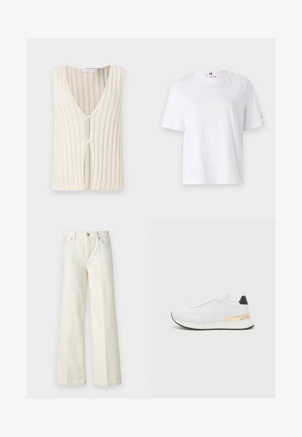 Strickweste in Creme, mit V-Ausschnitt und geripptem Muster. Auffälliges Ausschnittdetail vorne sorgt für Design-Interesse.; Weißes Baumwoll-T-Shirt mit Rundhalsausschnitt, kurzen Ärmeln und dezentem gelben Logodesign mit der Aufschrift "HILFIGER NEW YORK 1985." Standardpassform.; Weite weiße Jeans aus einem Baumwollmischgewebe. Verfügt über einen Reißverschluss, ein Fünf-Taschen-Design und Nähte entlang der Säume.; Weißer Sneaker mit einer glatten Oberfläche, ausgestattet mit einem schwarzen Akzent an der Ferse und einem goldenen metallischen Detail an der Zwischensohle. Schnürdesign, gummierte Sohle.