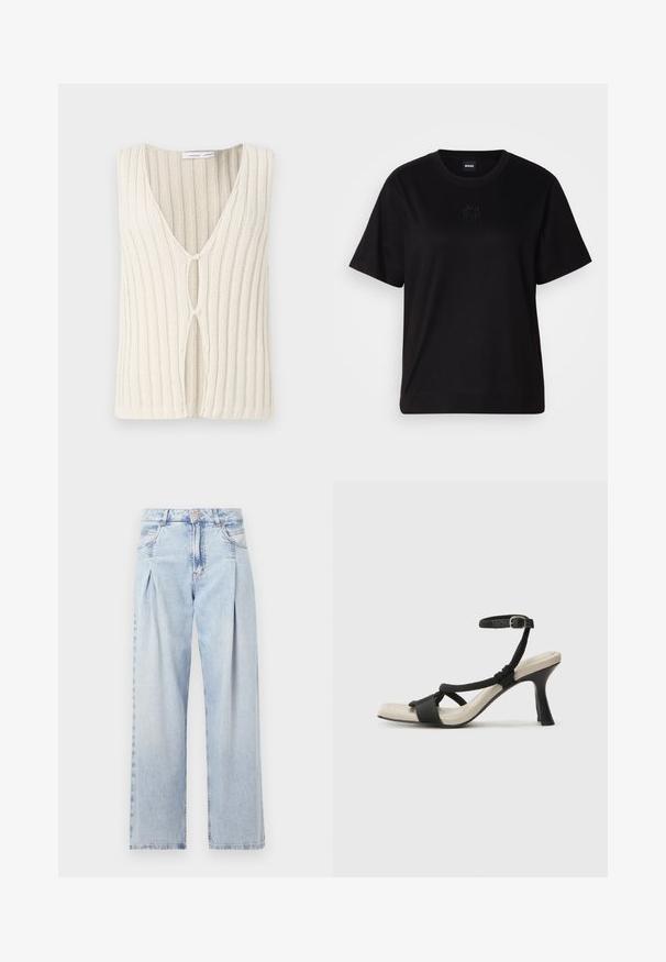 Sweter bez rękawów w kremowym kolorze, z dekoltem w serek i teksturą w prążki. Zauważalny wycięty detal z przodu dodaje interesującego akcentu projektowi.; Czarny bawełniany t-shirt z okrągłym dekoltem, krótkimi rękawami i haftowanym logo na piersi. Prosty, luźny krój bez wzorów.; Jasnoniebieskie dżinsy z wysokim stanem, szerokimi nogawkami, dwoma bocznymi kieszeniami oraz plisowanym wzorem. Miękka tekstura z wyblakłym wykończeniem.; Czarne sandały na obcasie z plecionym paskiem, kwadratowym noskiem i regulowanym paskiem na kostkę. Jasnobeżowa wkładka z błyszczącym czarnym obcasem.
