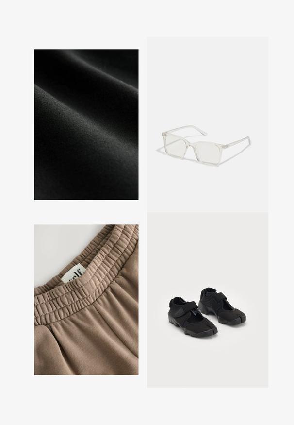 Tessuto nero con una texture liscia, caratterizzato da pieghe sottili e una lucentezza morbida. Il materiale appare leggero ed elastico.; Canotta bianca in cotone con spalline larghe, scollatura rotonda e una texture liscia e a coste. Nessun motivo o dettaglio presente.; Fascia elastica marrone con texture arricciata, etichetta attaccata con la scritta "self", e tessuto morbido che presenta una superficie liscia e una tonalità neutra.; Scarpe d'acqua nere realizzate in tessuto flessibile con una fascia in Velcro, dotate di un design unico a punta divisa e suola in gomma texturizzata per una buona aderenza.; Occhiali da sole quadrati in plastica trasparente con lenti traslucide, caratterizzati da dettagli in oro sulle tempie.