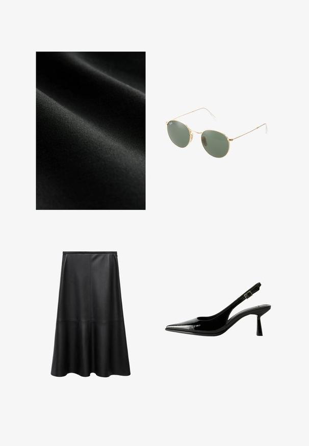 Tissu noir avec une texture lisse, présentant de subtils plis et un léger éclat. Le matériau semble léger et extensible.; Haut marron à manches longues avec un décolleté en scoop, arborant de grands pois blancs et un détail froncé à la taille pour un look ajusté.; Jupe en cuir noir, forme évasée, longueur genou, texture lisse, détails de coutures, ourlet évasé et fermeture éclair invisible au dos.; Racine à talon en cuir verni noir avec un nez pointu, des côtés découpés, une bride de cheville ajustable et un talon fin et élégant.; Lunettes de soleil avec monture en métal doré, verres verts, forme ronde, branches fines et accents en plastique blanc aux extrémités des branches.; Sac à main en fausse fourrure marron avec un design froncé et une fermeture à cordon. Texture douce, forme arrondie et style minimaliste.; Boucles d'oreilles en or en forme de créole avec une finition texturée, ornées d'une rangée de petites cristaux transparents le long du bord et d'un fermoir à clou.