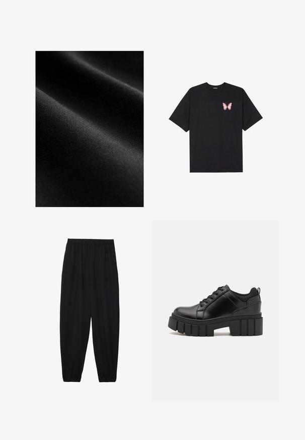 Țesătură neagră cu o textură netedă, având cute subtile și un luciu delicat. Materialul pare ușor și elastic.; Tricou negru din bumbac cu mâneci scurte, având pe partea stângă a pieptului un mic grafic cu un fluture roz. Design cu guler rotund și croială lejeră.; Pantaloni negri, ușori, cu un brâu elastic și tivuri strânse. Materialul este neted și are un design relaxat, conic.; Pantofi cu talpă plată din piele neagră, cu toc gros, vârf rotund și design tradițional cu șireturi. Prezintă o textură netedă și detalii minime.