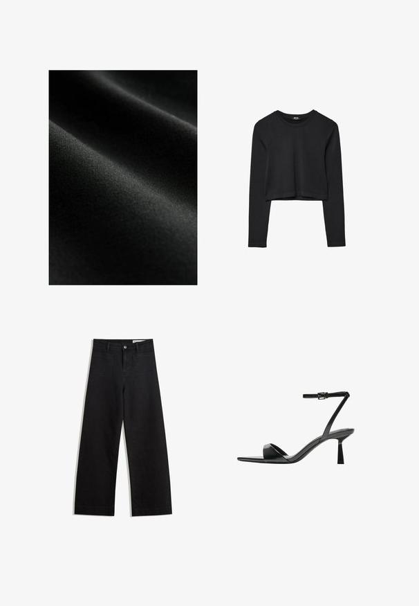 Čierna tkanina s hladkou textúrou, s jemnými záhybmi a mäkkým leskom. Materiál vyzerá ľahký a elastický.; Čierny dlhý rukáv skrátený top s okrúhlym výstrihom, jednofarebný dizajn a mierne zakrivený lem.; Čierne denimové nohavice s širokými nohavicami a vysokým pásom, so prednými a zadnými vreckami, šitými švami a zapínaním na gombík. Hladká textúra.; Bershka Sandále na vysokom opätku - black