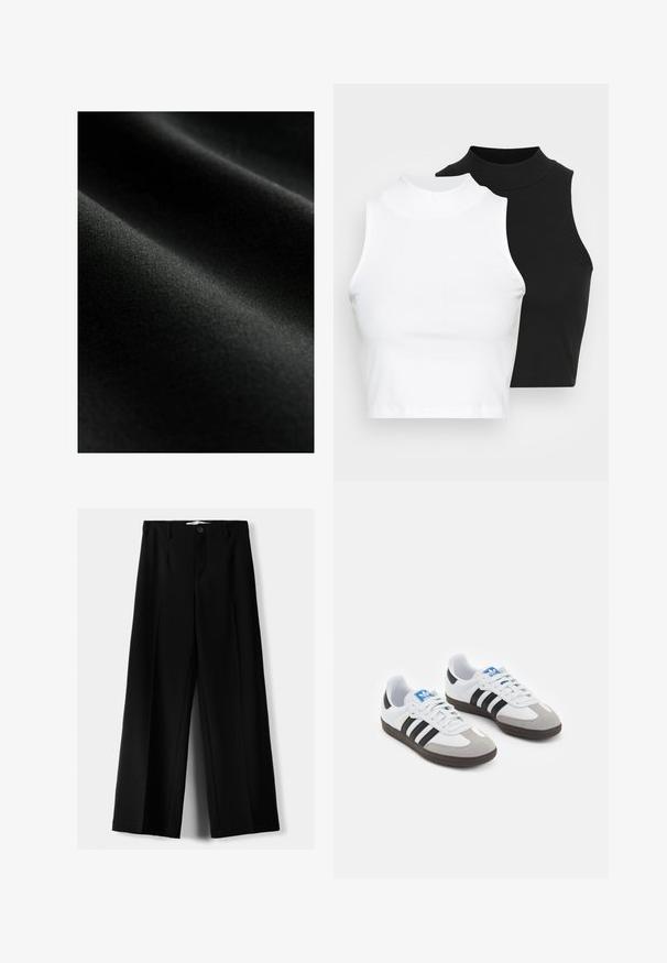 Sort stof med en glat tekstur, der har subtile folder og en blød glans. Materialet virker let og strækbart.; To kjoleløse ribbede turtleneck-toppe i sort og hvid, med en tætsiddende design og glat tekstur, samt cropped længde.; Sorte brede bukser lavet af letvægtsstof, med frontknaplukning og glat front, samt pænt syede kanter.; Sportsko med en overdel i hvid læder, grå ruskind på tåen og tre sorte striber. Har et blåt logo på tungen og en struktureret gummisål.