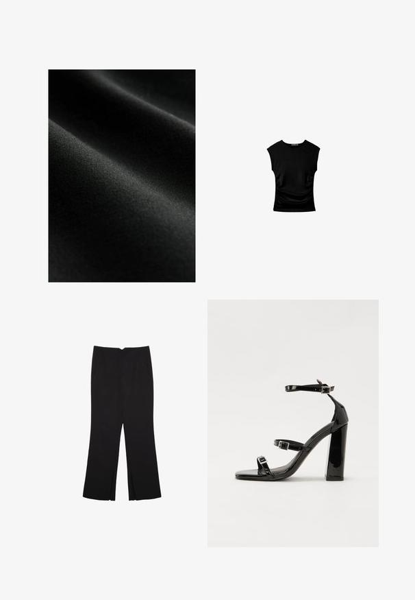 Schwarzer Stoff mit einer glatten Textur, der zarte Falten und einen sanften Glanz aufweist. Das Material erscheint leicht und dehnbar.; Schwarzes kurzärmliges Oberteil mit tailliertem Schnitt, das seitliche Raffung und einen glatten, dehnbaren Stoff für zusätzlichen Komfort aufweist.; Schwarze Hose mit geradem Schnitt, ausgestattet mit Fronttaschen und Seitenschlitzen am Saum. Hergestellt aus weichem, glattem Stoff. Geeignet für verschiedene Anlässe.; Schwarze patentierte Sandalen mit Absatz, quadratischer Spitze, Knöchelriemen und silbernen Schnallen. Mit einem stabilen Blockabsatz für mehr Stabilität.