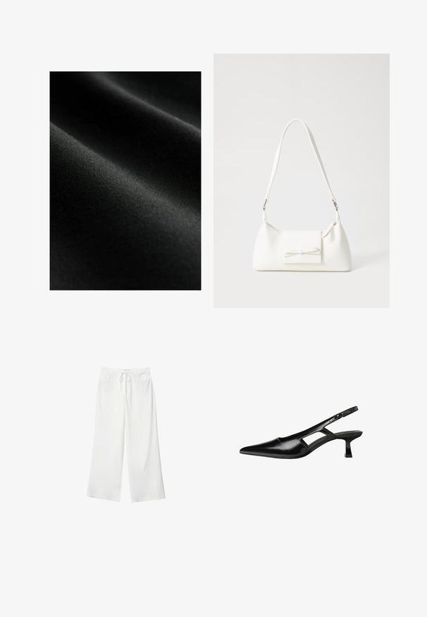 Czarny materiał o gładkiej teksturze, z subtelnymi zagnieceniami i delikatnym połyskiem. Materiał wydaje się lekki i elastyczny.; Biała koszulka z ribbowanej tkaniny, z szerokim dekoltem w serek i krótkimi rękawami. Prosty design bez wzorów czy akcentów.; Białe spodnie szerokie z miękkiego materiału, z elastycznym pasem i dwoma przednimi kieszeniami. Gładka tekstura i brak widocznych wzorów.; Czarne lakierowane czółenka na odkrytej pięcie z wąskim noskiem, z wykrojem po bokach i małym kwadratowym obcasem. Gładka faktura z minimalnymi akcentami.; Biała syntetyczna torba o trójkątnym kształcie, płaskim przednim klapce i detalach w postaci kokardy, regulowanym pasku, gładkiej fakturze oraz minimalistycznym designie.